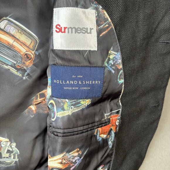 Holland & Sherry Blazer Men’s XXL Black Wool Sport Coat Car Print Lining Luxury - Picture 11 of 16
